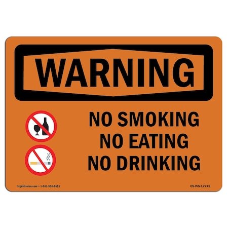 OSHA WARNING Sign, No Smoking No Eating No Drinking, 5in X 3.5in Decal, 10PK